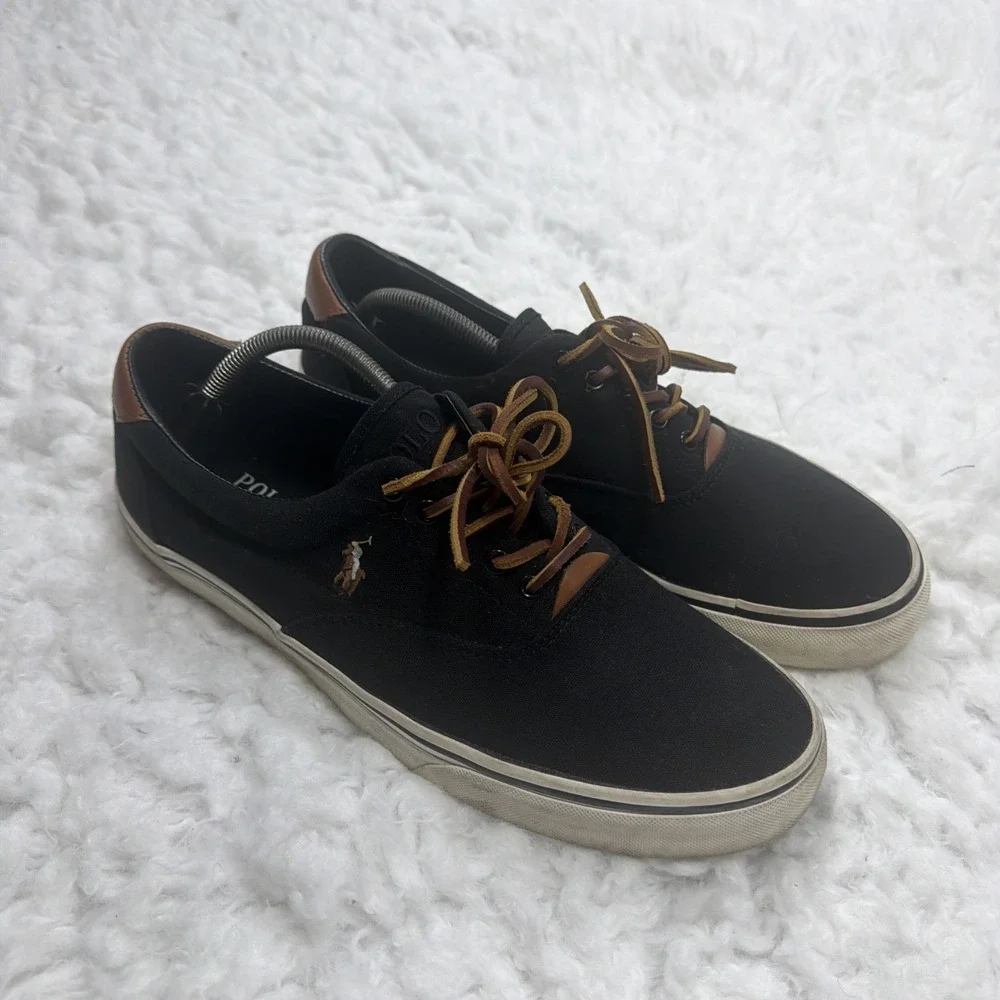 POLO RALPH LAUREN Thornton Canvas Boat Shoes Deck Leather Laces Black Brown 11.5